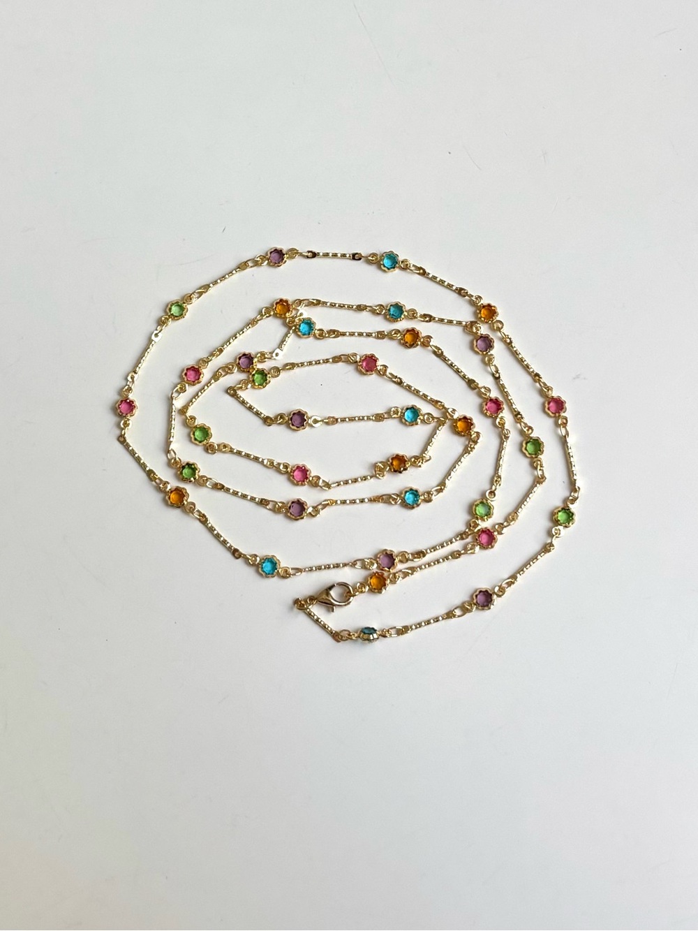 NWOT 18K Plated Gold Multicolor Rhinestone Link Chain Long Necklace - Picture 9 of 10